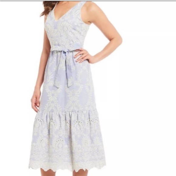 Tahari ASL Light Blue V-Neck Lace Overlay Dress - Picture 2 of 4